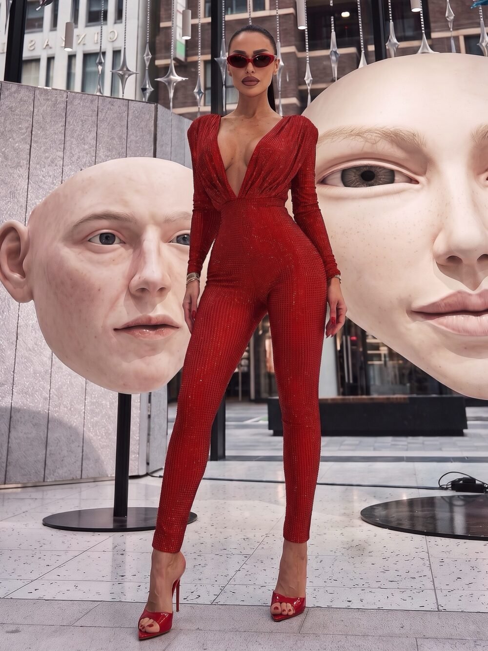 Sparkly Deep V-Neck Catsuit — prednji kadar, crvena boja